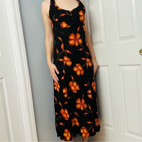 Vintage Midi Dress 90s Floral Black Strappy Back Summer Wedding Guest Medium - Picture 1 of 6